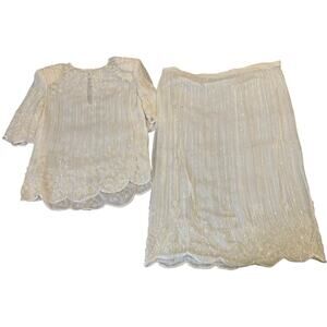 SCALA Silk 2 Piece Skirt Suit Beaded Women's Medium White Ivory *Please Read VTG